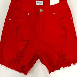 Track 23 Red Distressed Fashion Denim SuperStretch Shorts, Size 3, 9.5" Mid Rise